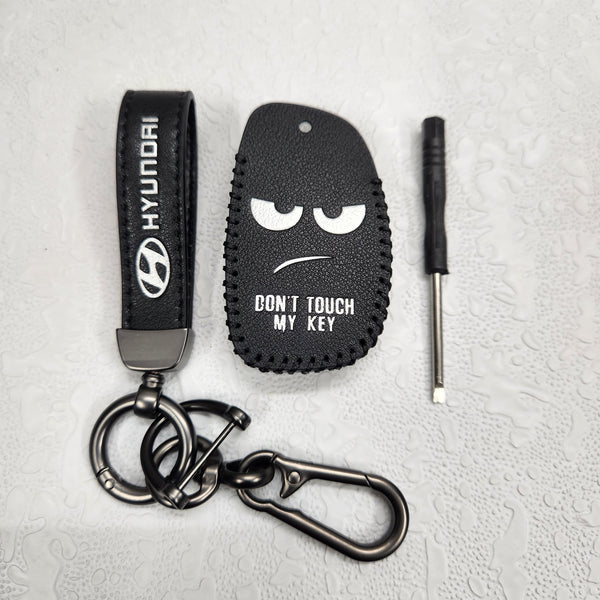 Hyundai Alcazar/Creta/i20 4 Button Key Luxury Pure Handmade Oilwax Leather Keycase with Logo, Caption, Hook, and Chain