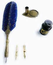 Load image into Gallery viewer, Vintage Carving Glittering Quill Pen Set Antique Calligraphy set Writing Dip Pen with Black Ink, 2 Replacement Nibs, Pen Stand Base, Luxury Signature Pen.
