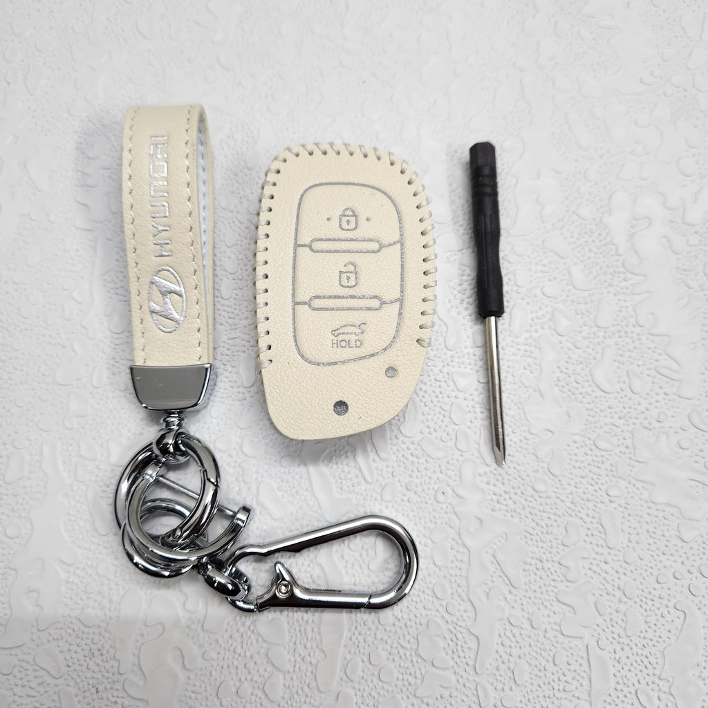 Hyundai Creta/i20/Aura/i10 3 Button Key Luxury Handmade Oilwax Leather Keycase with Logo, Caption, Hook, and Chain