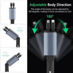 5in1 Fast USB C Car Charger 120W with Dual Retractable Cable Dual USB Ports, Voltage Display Car Charger