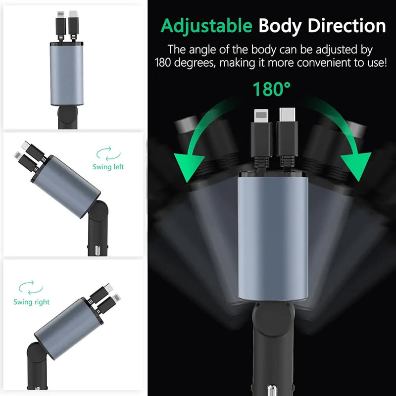 5in1 Fast USB C Car Charger 120W with Dual Retractable Cable Dual USB Ports, Voltage Display Car Charger