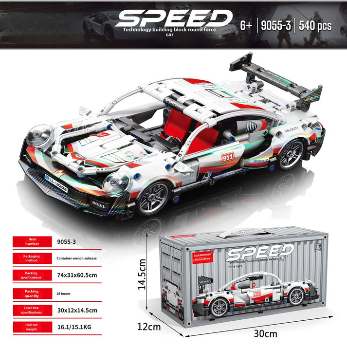 Porsche White Container Version Building Blocks Car 540 Pcs, 1:18 Scale