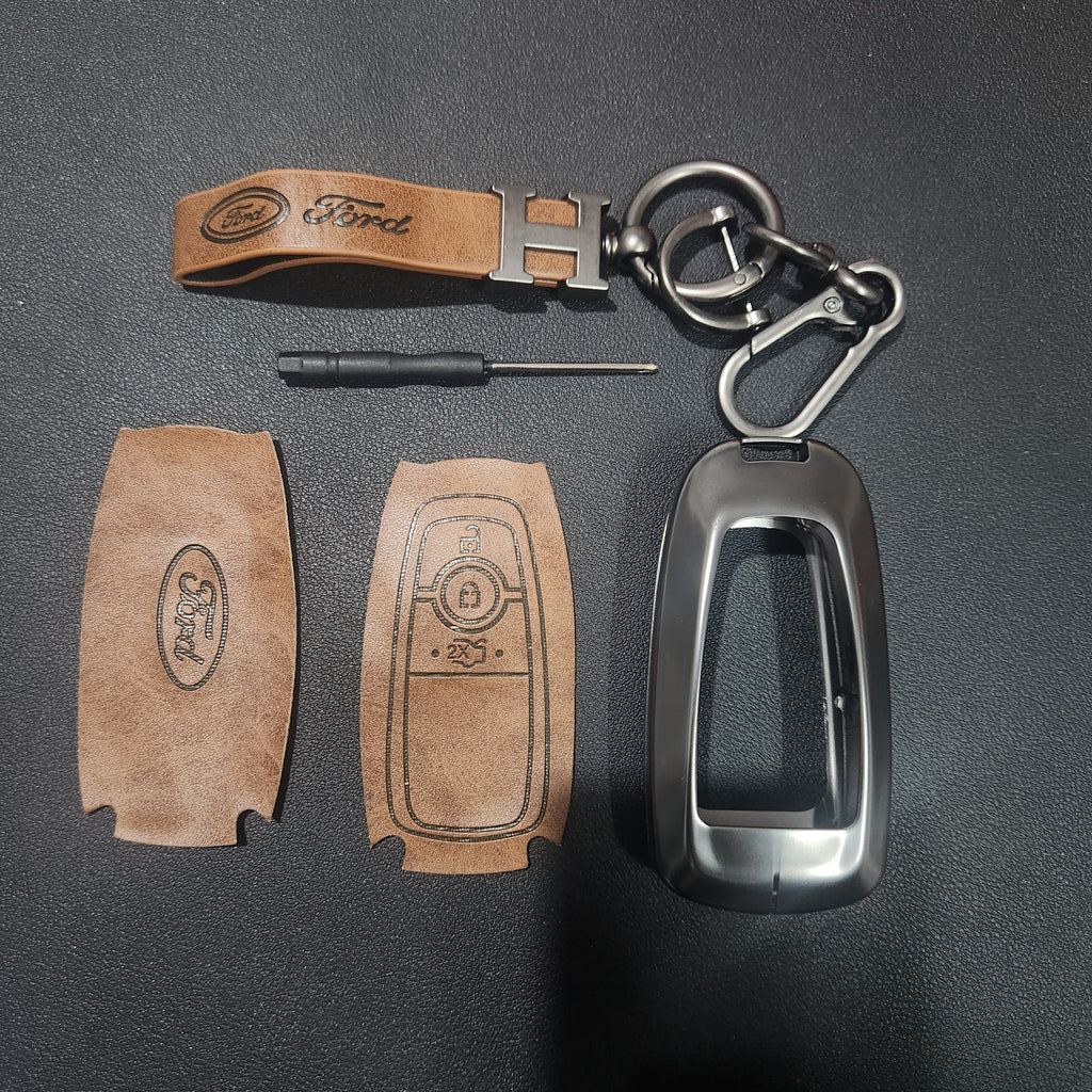 Ford (3 Button) New Key Luxury Metal Alloy Leather Keycase with Holder & Rope Chain