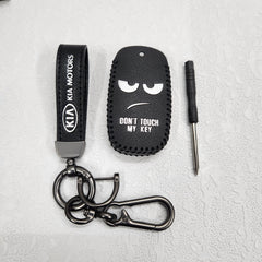 Kia Seltos/Sonet 4 Button Key Luxury Pure Handmade Oilwax Leather Keycase with Logo, Caption, Hook, and Chain