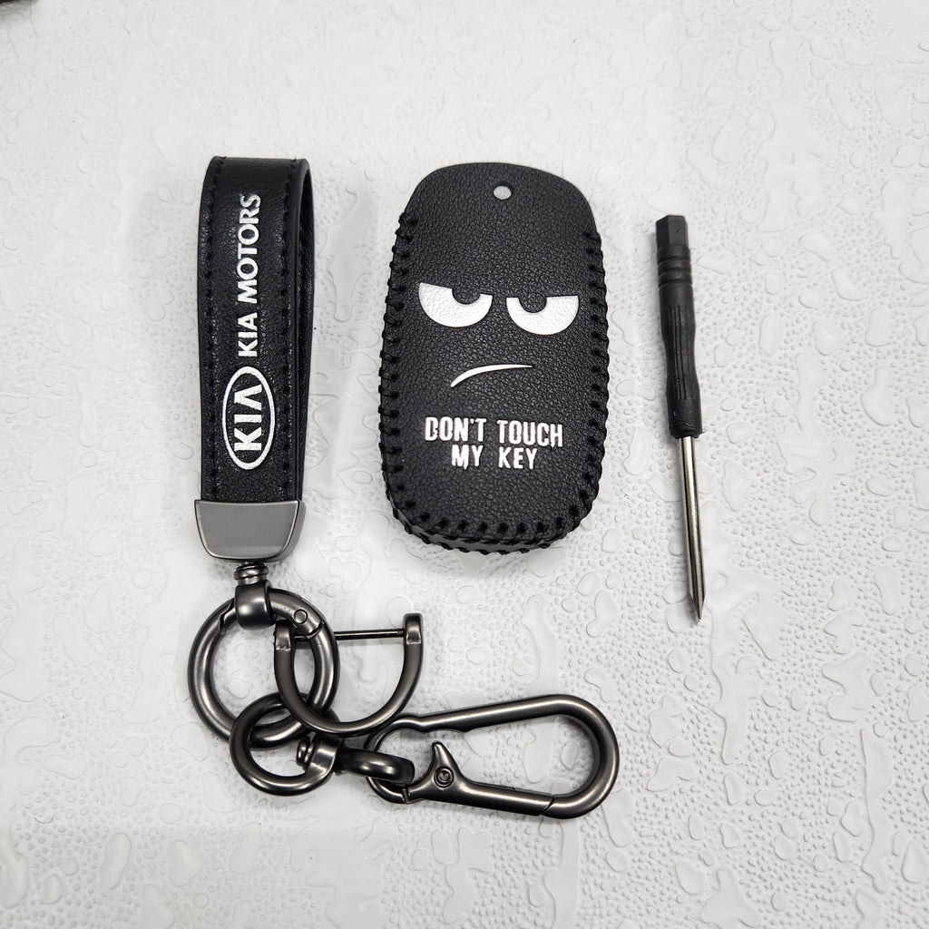 Kia Seltos/Sonet 4 Button Key Luxury Handmade Oilwax Leather Keycase with Logo, Caption, Hook, and Chain