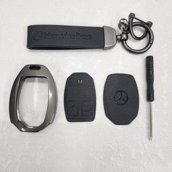 Mercedes Old Key Metal Alloy Leather Keycase with Holder & Rope Chain