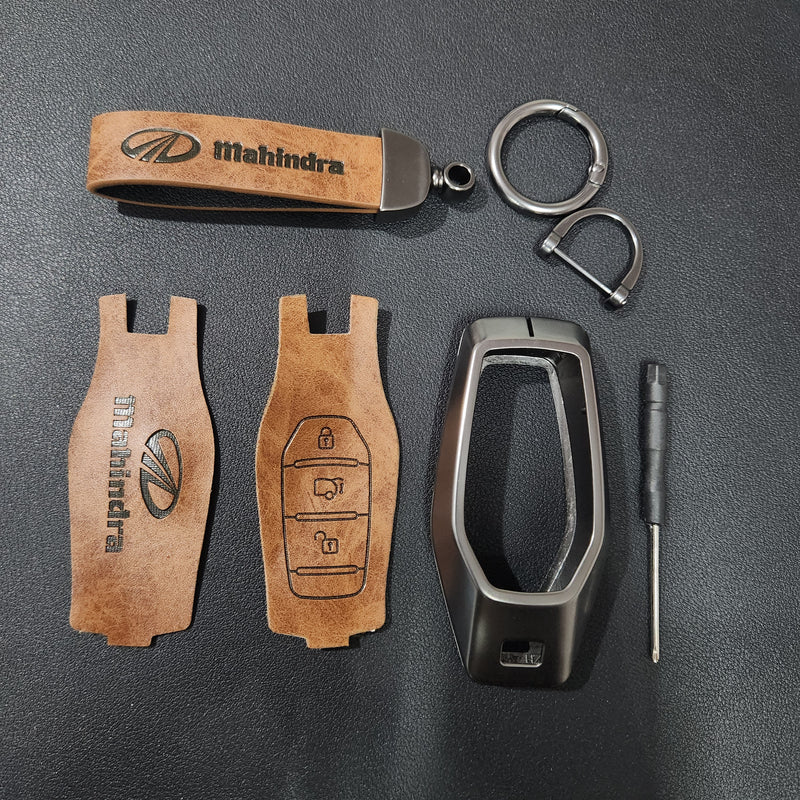 Mahindra XUV500 Key Luxury Metal Alloy Leather Keycase with Holder & Rope Chain