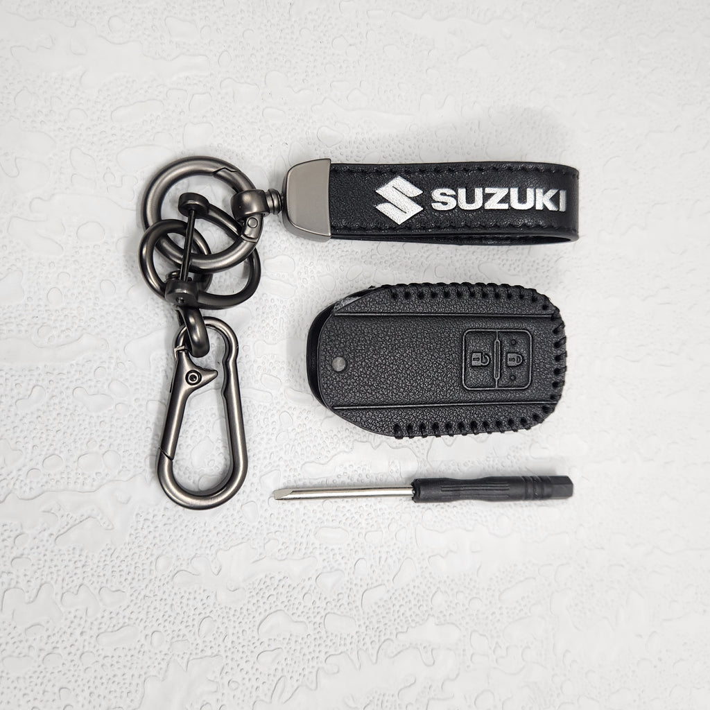 Suzuki Swift/Baleno/Ignis/Scross 2 Button Key Luxury Pure Handmade Oilwax Leather Keycase with Logo, Caption, Hook, and Chain