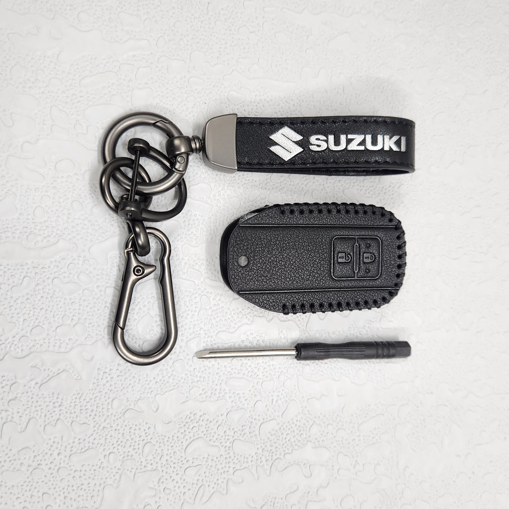 Suzuki Swift/Baleno/Ignis/Scross 2 Button Key Luxury Handmade Oilwax Leather Keycase with Logo, Caption, Hook, and Chain