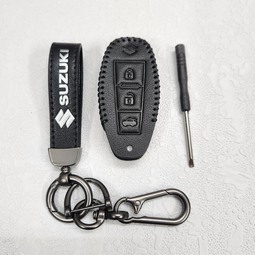 Suzuki Ciaz/Baleno/Scross 3 Button Key Luxury Handmade Oilwax Leather Keycase with Logo, Caption, Hook, and Chain