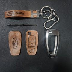 Ford Ecosport Flip Key Luxury Metal Alloy Leather Keycase with Holder & Rope Chain