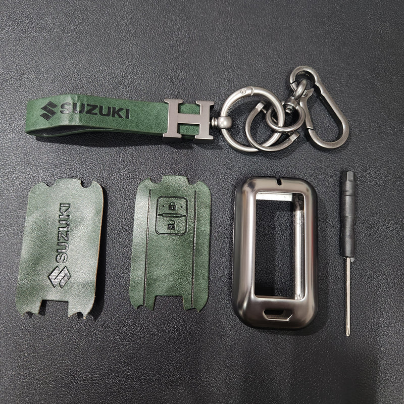 Suzuki 2 Button Key (Baleno, Brezza, S Cross, Swift, Ignis) Luxury Metal Alloy Leather Keycase with Holder & Rope Chain