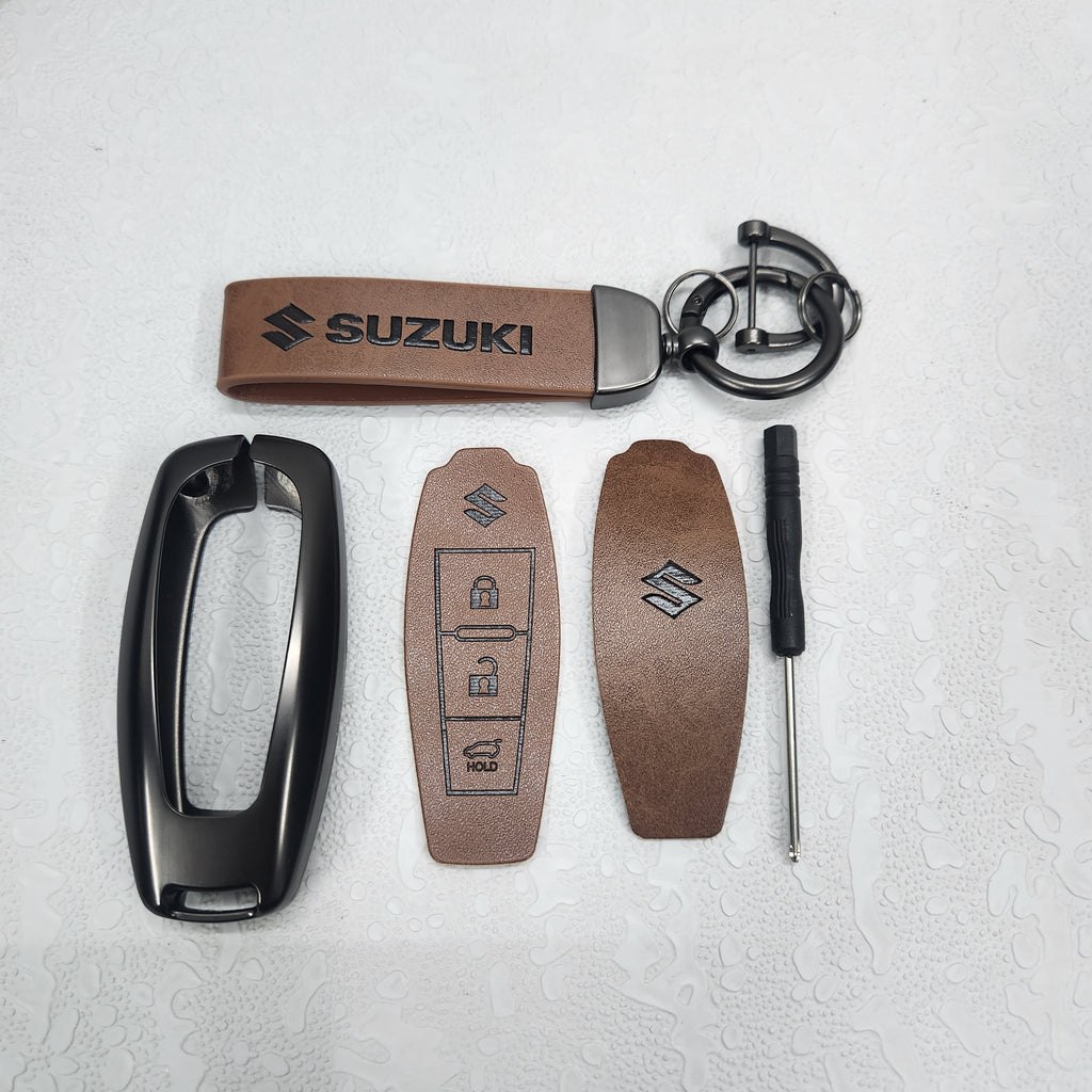 Suzuki 3 Button Key (Ciaz, Baleno, Brezza, S Cross, Ignis) Luxury Metal Alloy Leather Keycase with Holder & Rope Chain