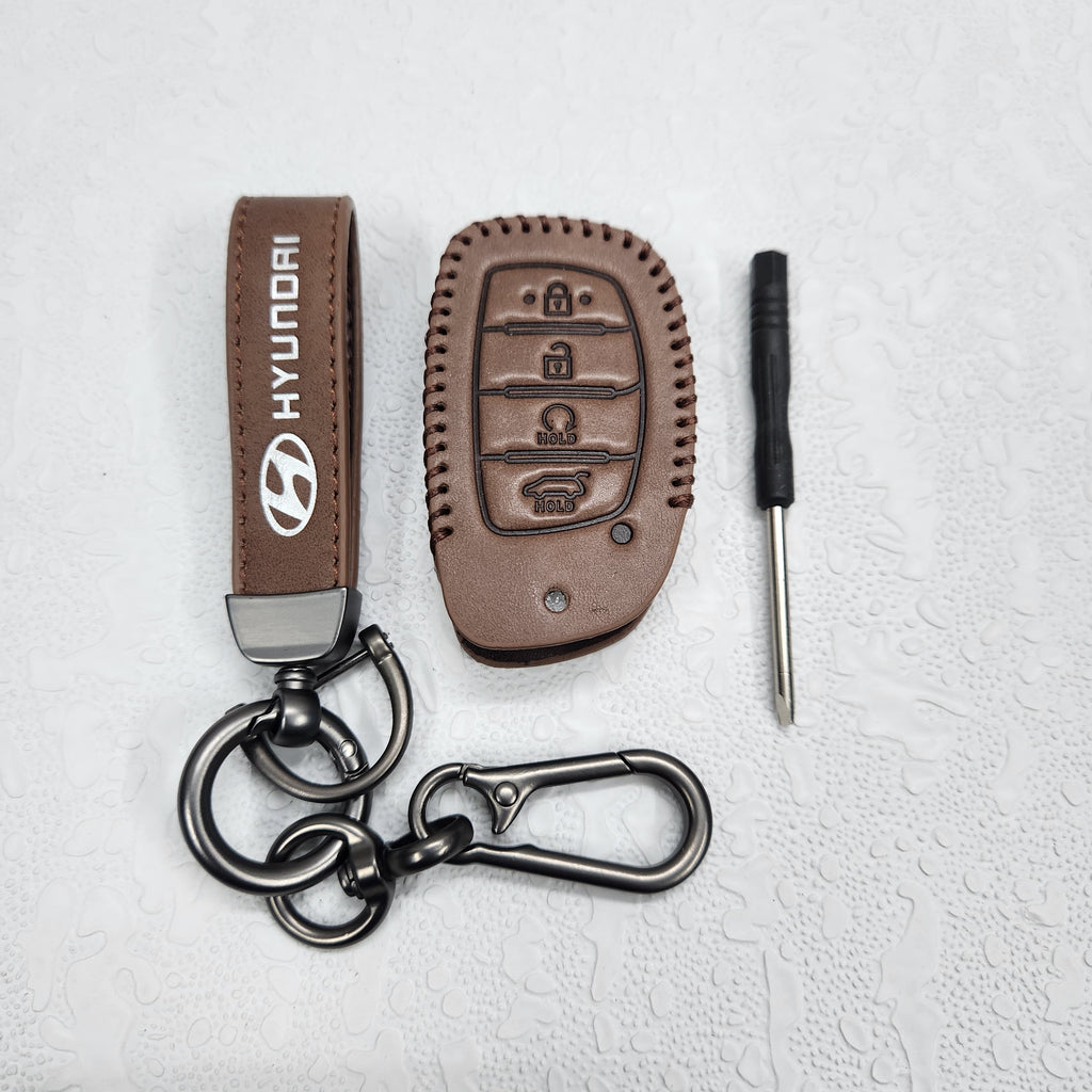 Hyundai Alcazar/Creta/i20 4 Button Key Luxury Handmade Oilwax Leather Keycase with Logo, Caption, Hook, and Chain