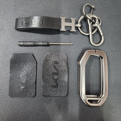 Kia Facelift (Keyless 4 Button Key) Luxury Metal Alloy Leather Keycase with Holder & Rope Chain