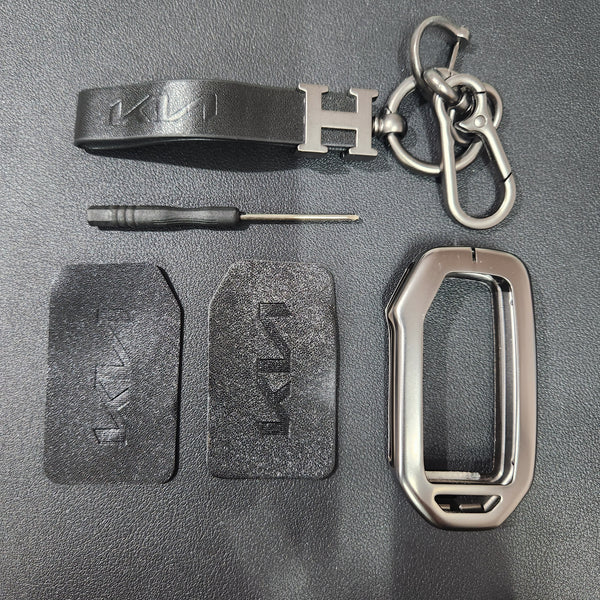 Kia Facelift (Keyless 4 Button Key) Luxury Metal Alloy Leather Keycase with Holder & Rope Chain