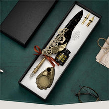 Load image into Gallery viewer, Vintage Carving Glittering Quill Pen Set Antique Calligraphy set Writing Dip Pen with Black Ink, 2 Replacement Nibs, Pen Stand Base, Luxury Signature Pen.
