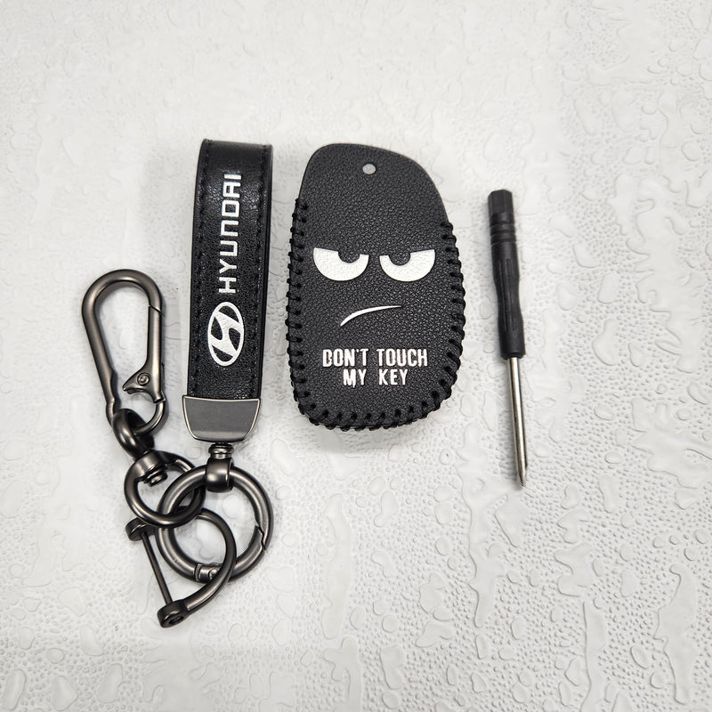 Hyundai Creta/i20/Aura/i10 3 Button Key Luxury Pure Handmade Oilwax Leather Keycase with Logo, Caption, Hook, and Chain