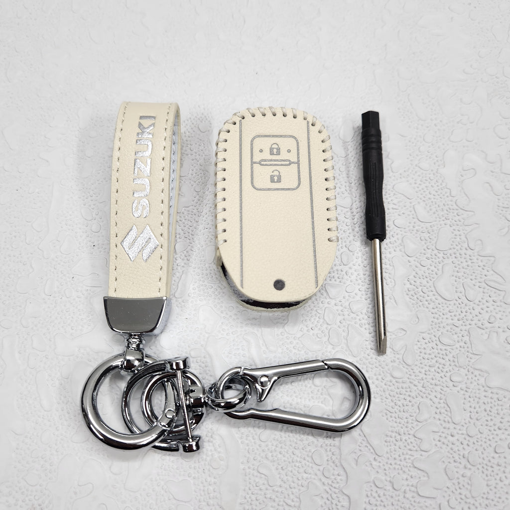 Suzuki Swift/Baleno/Ignis/Scross 2 Button Key Luxury Pure Handmade Oilwax Leather Keycase with Logo, Caption, Hook, and Chain