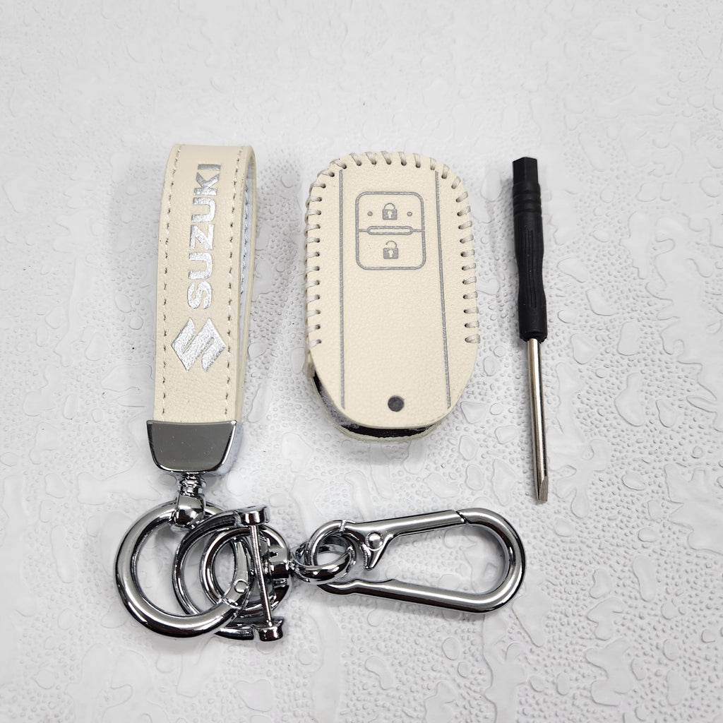Suzuki Swift/Baleno/Ignis/Scross 2 Button Key Luxury Handmade Oilwax Leather Keycase with Logo, Caption, Hook, and Chain