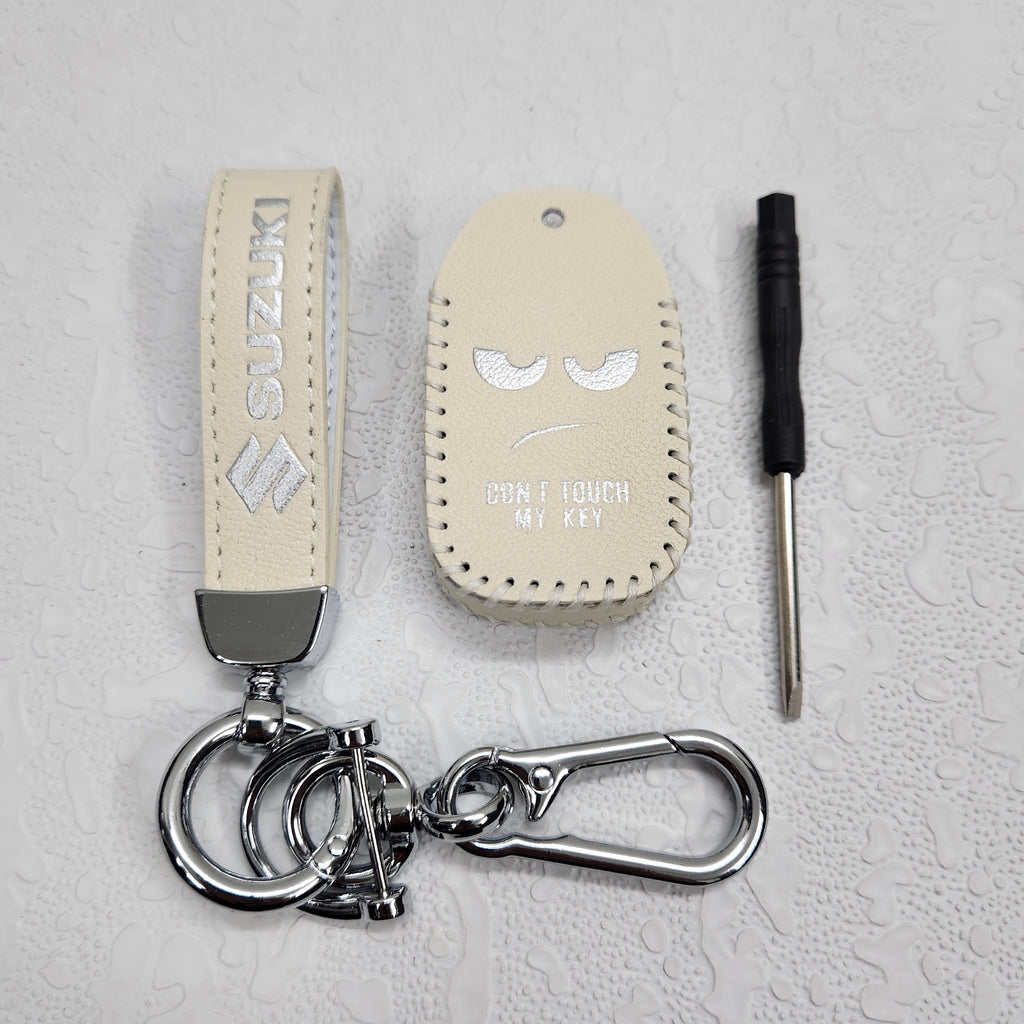 Suzuki Swift/Baleno/Ignis/Scross 2 Button Key Luxury Pure Handmade Oilwax Leather Keycase with Logo, Caption, Hook, and Chain