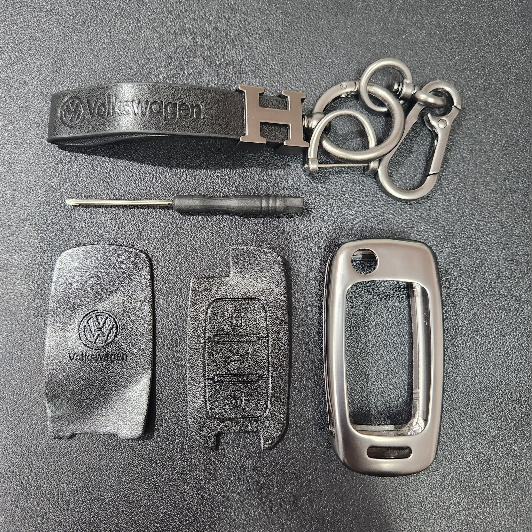 Volkswagen Old Flip Key Metal Alloy Leather Keycase with Holder & Rope Chain
