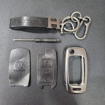 Volkswagen Old Flip Key Metal Alloy Leather Keycase with Holder & Rope Chain
