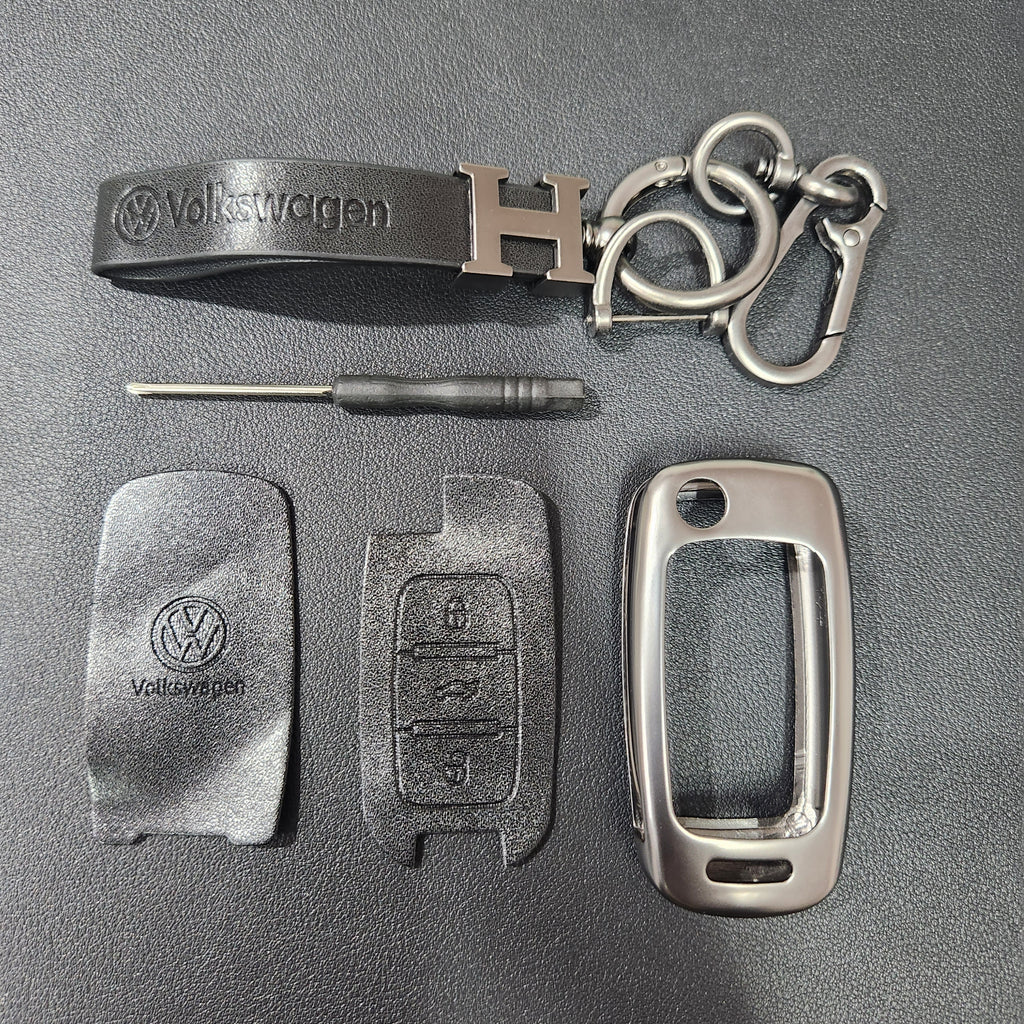 Volkswagen Old Flip Key Metal Alloy Leather Keycase with Holder & Rope Chain