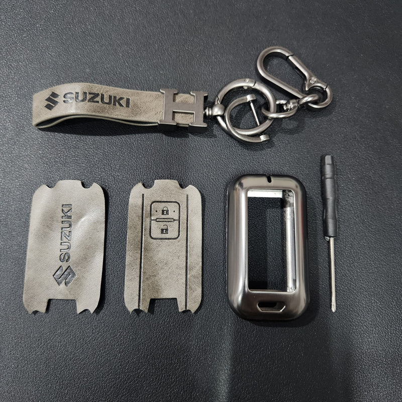 Suzuki 2 Button Key (Baleno, Brezza, S Cross, Swift, Ignis) Luxury Metal Alloy Leather Keycase with Holder & Rope Chain