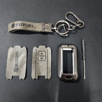 Suzuki 2 Button Key (Baleno, Brezza, S Cross, Swift, Ignis) Luxury Metal Alloy Leather Keycase with Holder & Rope Chain