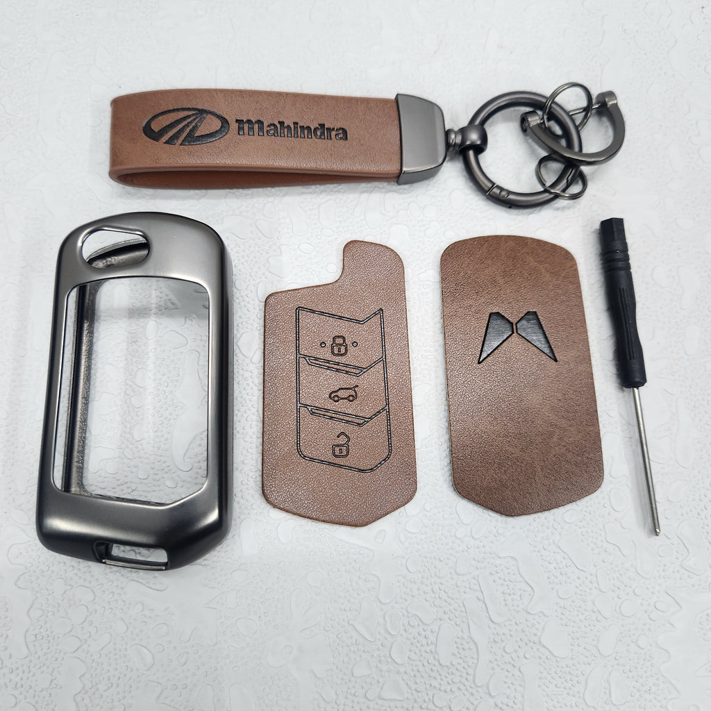 Mahindra XUV700/Scorpio/XUV300 New Flip Key Luxury Metal Alloy Leather Keycase with Holder & Rope Chain