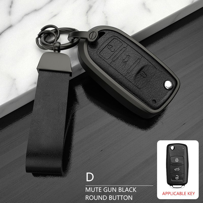 Volkswagen Old Flip Key Exclusive Aluminium Alloy Leather 2.0 Keycase with Holder & Rope Chain