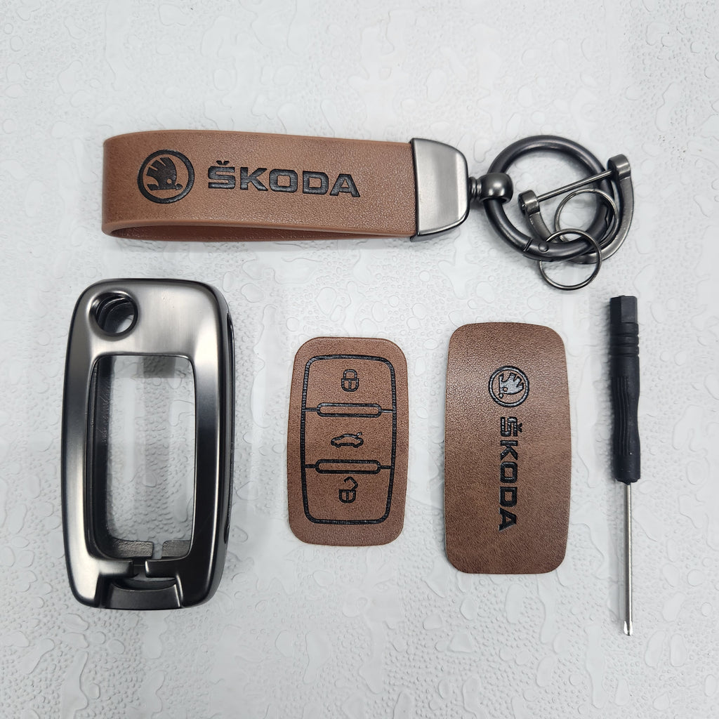 Skoda Old Flip Key Metal Alloy Leather Keycase with Holder & Rope Chain