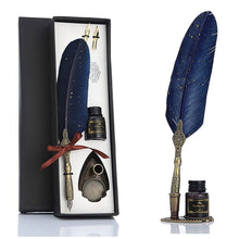 Load image into Gallery viewer, Vintage Carving Glittering Quill Pen Set Antique Calligraphy set Writing Dip Pen with Black Ink, 2 Replacement Nibs, Pen Stand Base, Luxury Signature Pen.