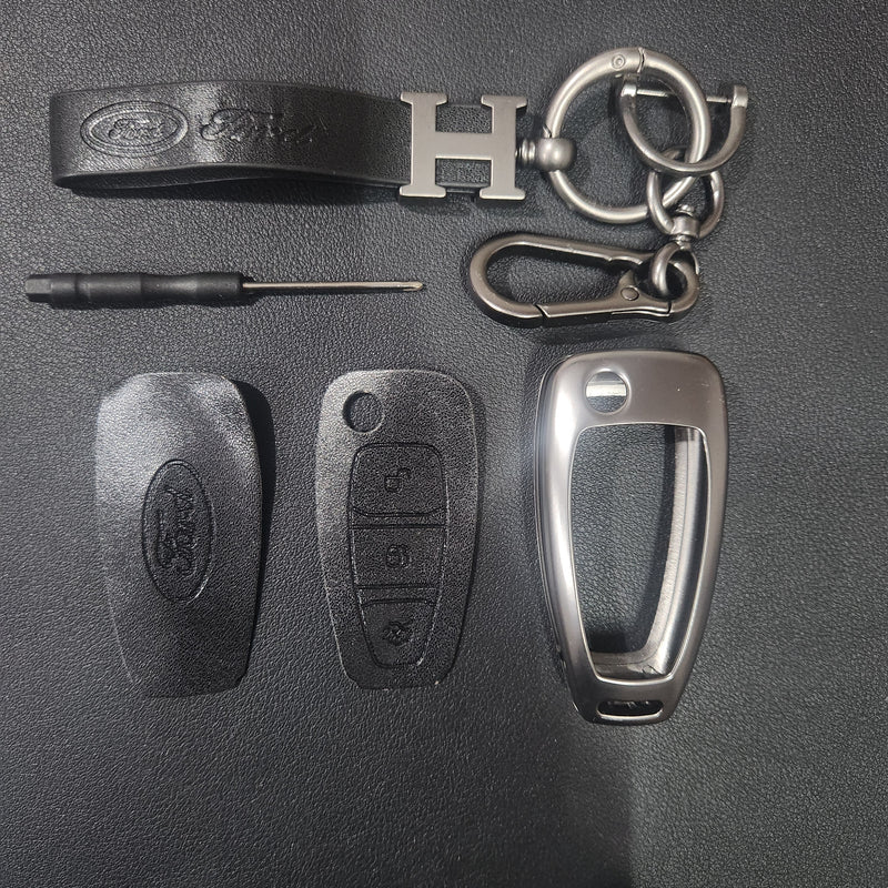 Ford Ecosport Flip Key Luxury Metal Alloy Leather Keycase with Holder & Rope Chain