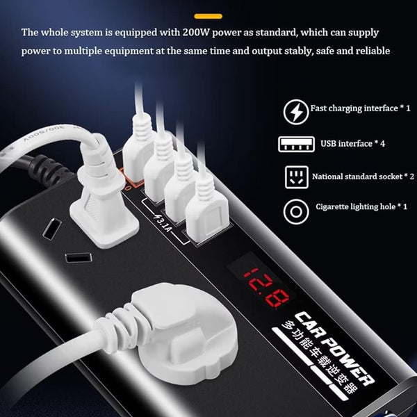 200W On-Board Power Inverter 12/24DC to 110-220V On-Board Inverter 4 USB Ports, with Switch and LED Display