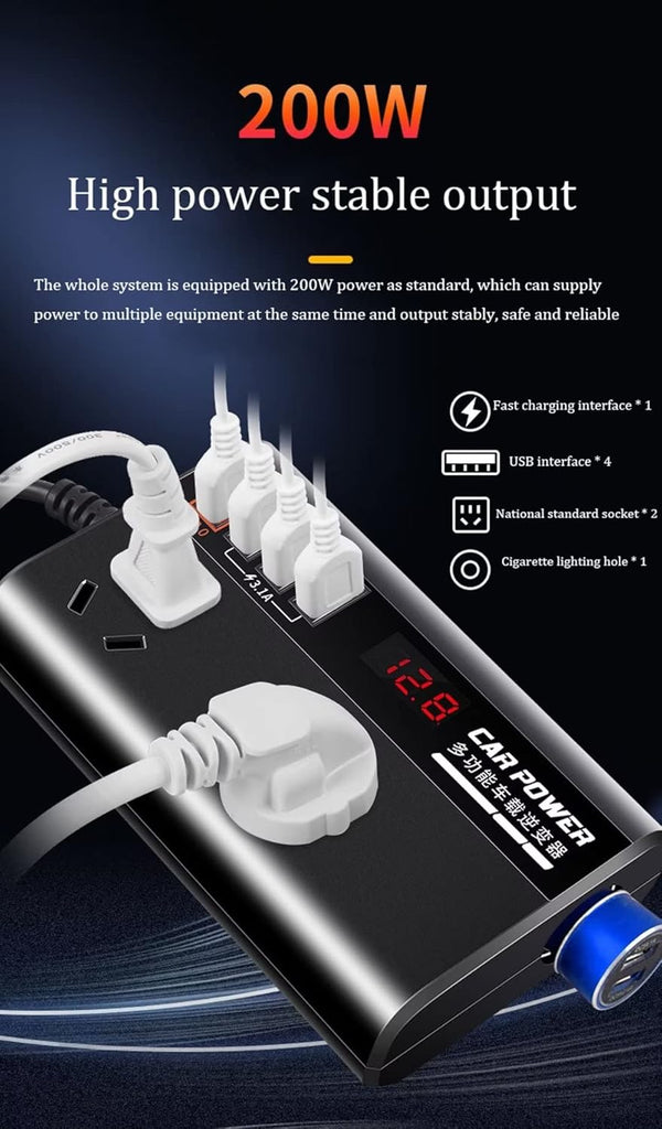 200W On-Board Power Inverter 12/24DC to 110-220V On-Board Inverter 4 USB Ports, with Switch and LED Display