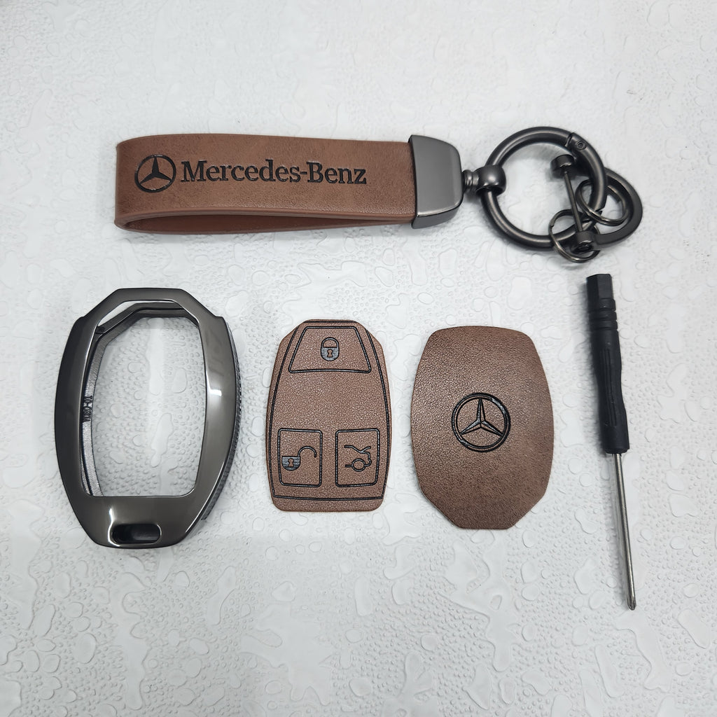 Mercedes Old Key Metal Alloy Leather Keycase with Holder & Rope Chain
