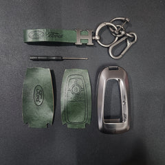 Ford (3 Button) New Key Luxury Metal Alloy Leather Keycase with Holder & Rope Chain