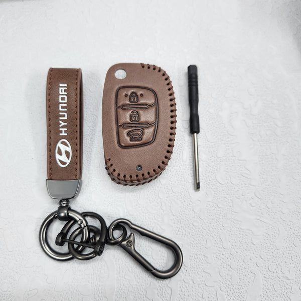 Hyundai i20/Creta Flip Key Luxury Pure Handmade Oilwax Leather Keycase with Logo, Caption, Hook, and Chain