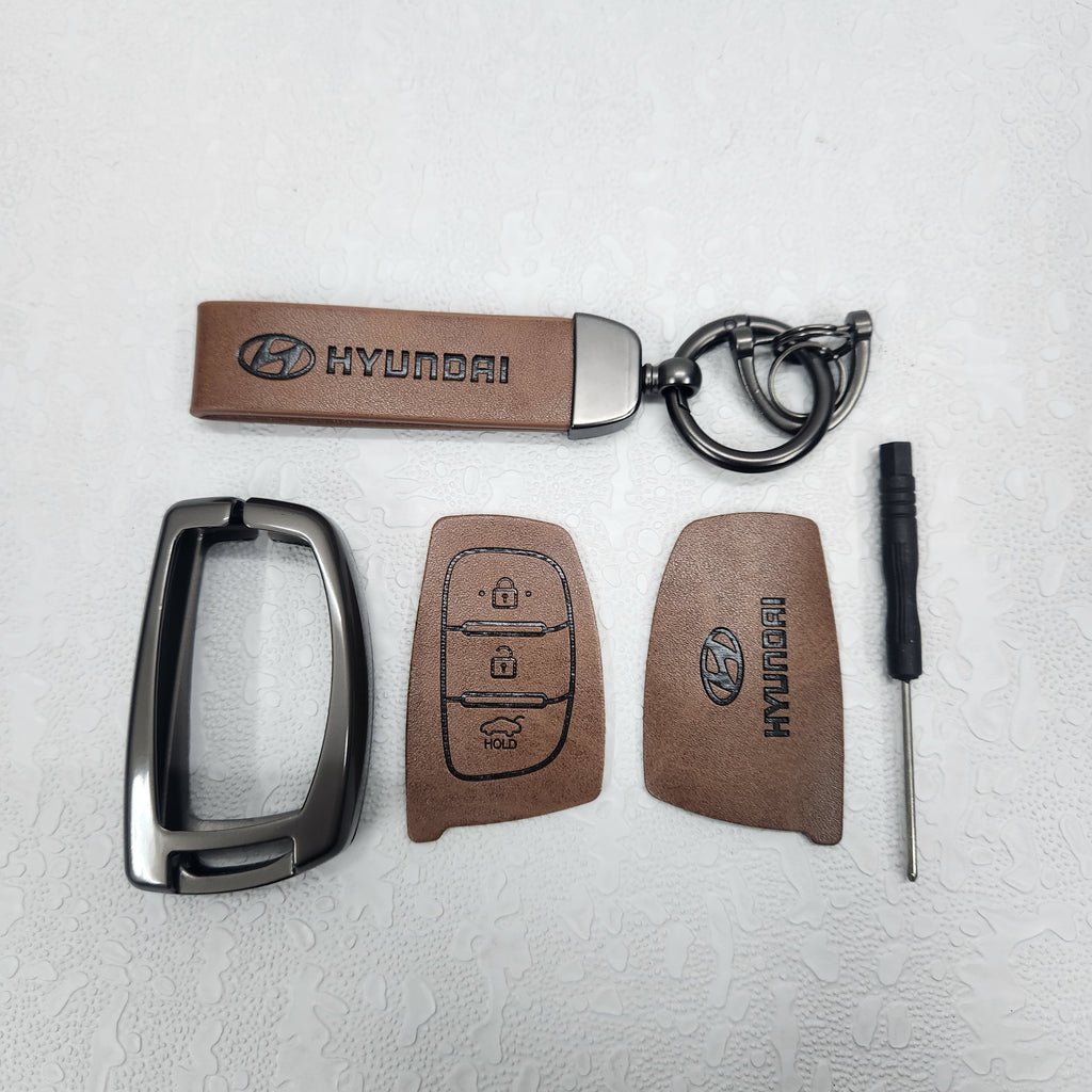 Hyundai Creta/i20/Venue (3 Push Button Key) Metal Alloy Leather Keycase with Holder & Rope Chain