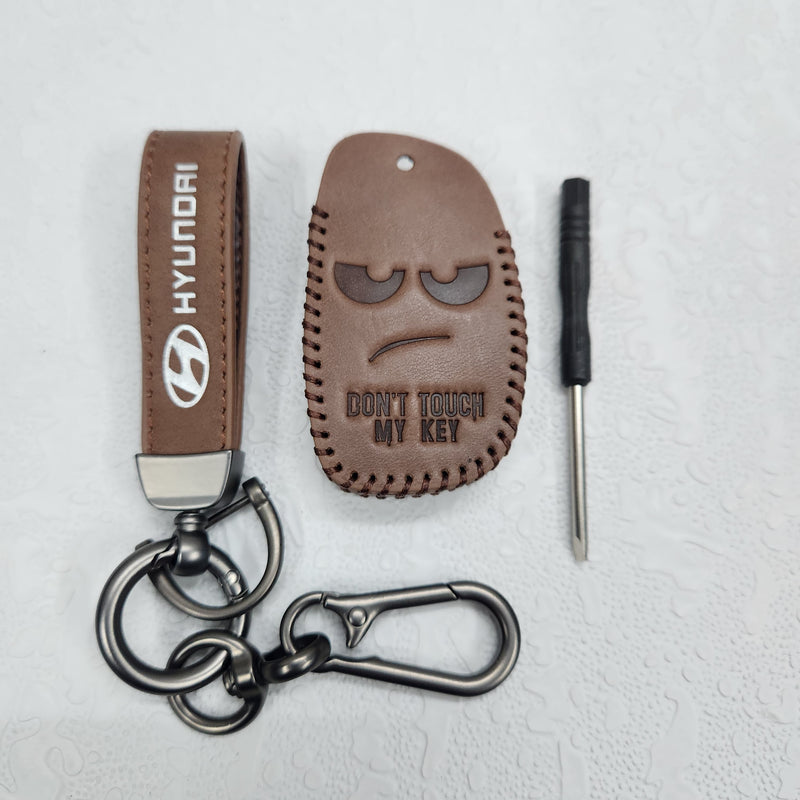 Hyundai Alcazar/Creta/i20 4 Button Key Luxury Pure Handmade Oilwax Leather Keycase with Logo, Caption, Hook, and Chain