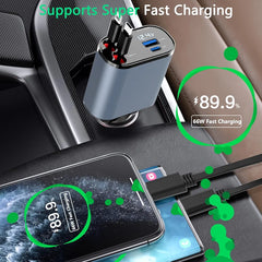 5in1 Fast USB C Car Charger 120W with Dual Retractable Cable Dual USB Ports, Voltage Display Car Charger
