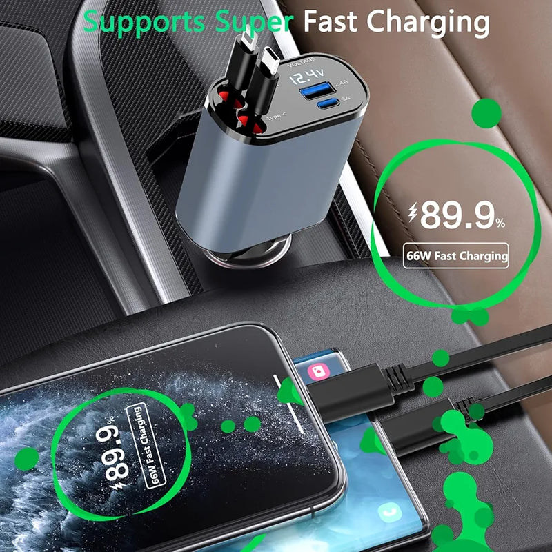 5in1 Fast USB C Car Charger 120W with Dual Retractable Cable Dual USB Ports, Voltage Display Car Charger