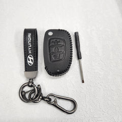 Hyundai i20/Creta Flip Key Luxury Pure Handmade Oilwax Leather Keycase with Logo, Caption, Hook, and Chain