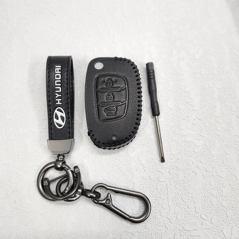 Hyundai i20/Creta Flip Key Luxury Pure Handmade Oilwax Leather Keycase with Logo, Caption, Hook, and Chain