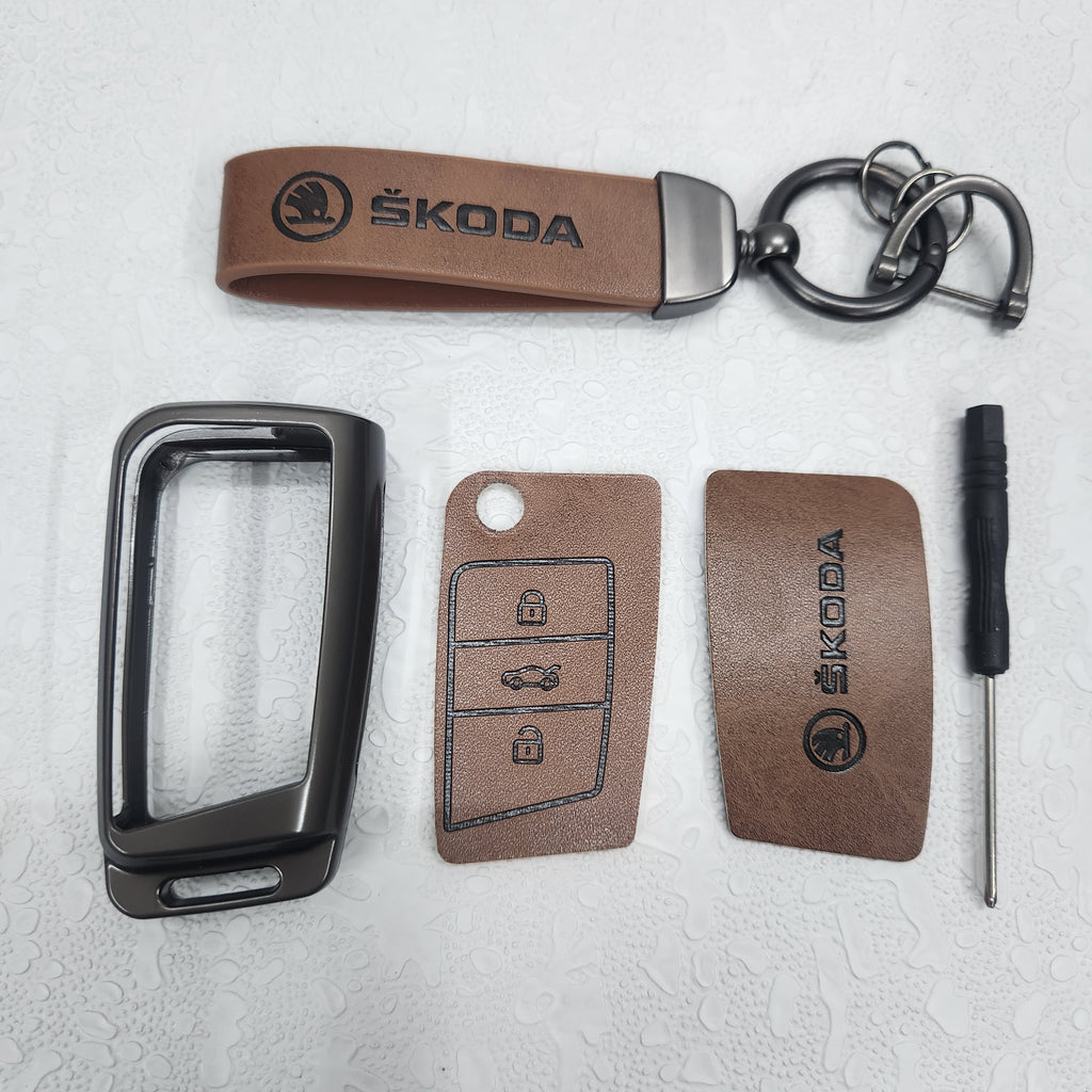 Skoda New Flip Key Metal Alloy Leather Keycase with Holder & Rope Chain
