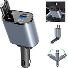 5in1 Fast USB C Car Charger 120W with Dual Retractable Cable Dual USB Ports, Voltage Display Car Charger