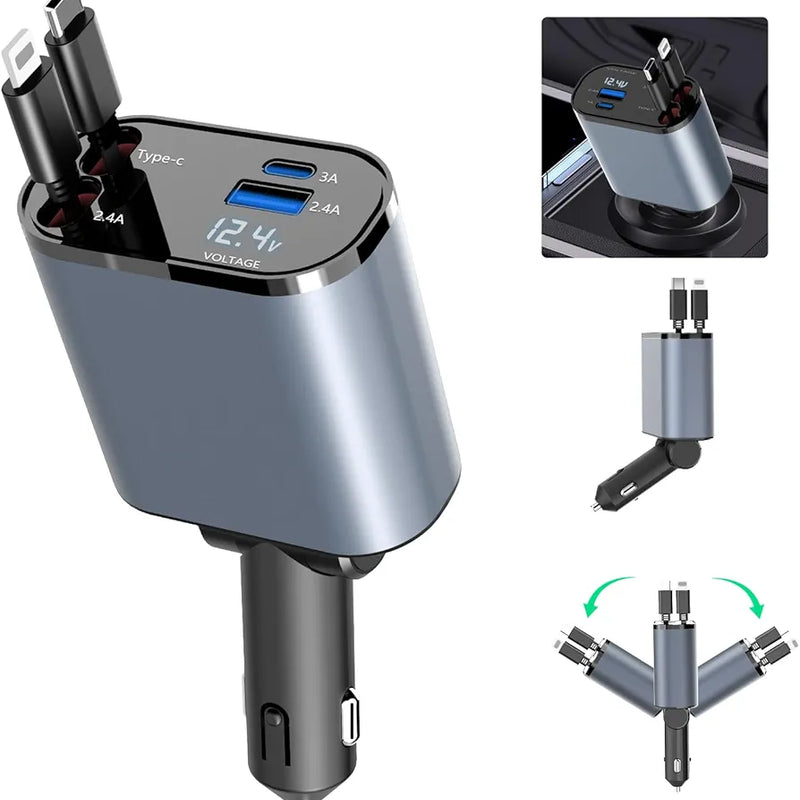 5in1 Fast USB C Car Charger 120W with Dual Retractable Cable Dual USB Ports, Voltage Display Car Charger