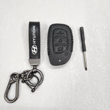 Hyundai Creta/i20/Aura/i10 3 Button Key Luxury Pure Handmade Oilwax Leather Keycase with Logo, Caption, Hook, and Chain